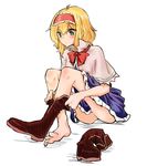  alice_margatroid bare_legs barefoot blonde_hair blush boot_removed boots feet full_body green_eyes hairband kaya_rio putting_on_boots putting_on_shoes simple_background single_boot sitting solo touhou upskirt white_background 