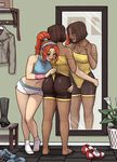  arm_around_waist ass bare_shoulders barefoot bike_shorts biting blush bob_cut borrowed_character breasts cleavage crop_top dark_skin emlan green_eyes hairband heather_(krekka) interracial large_breasts leotard leotard_pull lip_biting long_hair michelle_(krekka) mirror mirrored multiple_girls orange_hair original ponytail scrunchie shoes_removed short_hair short_shorts shorts socks sportswear strap_slip sweat wedgie wristband yellow_leotard yuri 