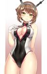  alternate_costume blush breasts brown_hair cleavage cleavage_cutout front_zipper_swimsuit gloves green_eyes headgear kantai_collection kase_daiki large_breasts looking_at_viewer meme_attire mutsu_(kantai_collection) one-piece_swimsuit short_hair simple_background smile solo swimsuit unzipped zipper 