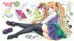  black_legwear blonde_hair blue_eyes blush brown_hair chobi_(penguin_paradise) clothes_around_waist copyright_name drawing eraser eyewear_removed fang glasses hair_ribbon highres ink jacket jacket_around_waist long_hair long_legs long_sleeves looking_at_viewer neon_genesis_evangelion open_mouth pen petals plugsuit ribbon saenai_heroine_no_sodatekata sawamura_spencer_eriri school_uniform shikinami_asuka_langley shoes shoes_removed single_shoe sketchbook skirt solo souryuu_asuka_langley thighhighs track_jacket twintails very_long_hair wallpaper wavy_mouth zettai_ryouiki 