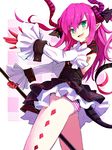  aqua_eyes ass asymmetrical_horns claws detached_sleeves diamond_(shape) dress elizabeth_bathory_(fate) elizabeth_bathory_(fate)_(all) fate/extra fate/extra_ccc fate_(series) flat_ass frills horns long_hair nail_polish open_mouth panties pink_hair pointy_ears red_nails smile solo striped striped_panties tail underwear yude 