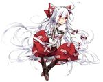  albino belt boots bow fujiwara_no_mokou full_body hair_bow hair_ornament highres long_hair long_sleeves looking_at_viewer ofuda open_mouth pants puffy_sleeves red_eyes shirt simple_background sitting solo touhou toutenkou white_background white_hair 