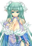  breasts flower green_eyes green_hair hand_on_breasts havuwx large_breasts pointy_ears rei_shabu smile 