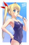  adjusting_clothes adjusting_swimsuit alternate_hairstyle blonde_hair blue_eyes breasts character_name cloud competition_school_swimsuit day food highres kirisaki_chitoge long_hair looking_at_viewer mao_(6r) nisekoi one-piece_swimsuit popsicle sky small_breasts solo swimsuit tan tanline twintails 