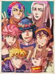  6+boys :d ^_^ ^o^ aqua_background bangs bare_shoulders black_lips blonde_hair blue_eyes blue_hair blunt_bangs blush book border bruno_buccellati buttons choker closed_eyes collarbone curly_hair directional_arrow earrings flower_wreath food_themed_earrings giorno_giovanna grin guido_mista hand_on_another's_shoulder hat head_wreath headband jewelry jojo_no_kimyou_na_bouken leone_abbacchio long_hair looking_at_viewer male_focus multiple_boys narancia_ghirga nose_blush open_mouth pannacotta_fugo pink_eyes pink_hair pink_hat purple_hair silver_hair simple_background smile strawberry_earrings stud_earrings sweatdrop teeth thick_eyebrows trish_una uniform upper_body v yakiimotoodorita14 yellow_eyes 