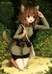  animal_ears bag bike_shorts brown_eyes brown_hair dog_ears dog_tail handbag inufusa_yuno kneeling kodamari long_sleeves looking_afar military military_uniform open_mouth short_hair solo tail twitter_username uniform world_witches_series 