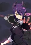  bad_id bad_pixiv_id black_gloves cardigan eyepatch fingerless_gloves gloves glowing glowing_eyes headgear kantai_collection looking_at_viewer machinery necktie outstretched_hand purple_hair school_uniform short_hair sleeves_rolled_up smoke solo tenryuu_(kantai_collection) upper_body yellow_eyes yukichi_(eikichi) 