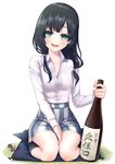  black_hair blush bottle dress_shirt green_eyes long_hair looking_at_viewer low_twintails open_mouth patori sake_bottle shirobako shirt sitting sitting_on_pillow skirt smile solo striped twintails vertical-striped_skirt vertical_stripes wariza yasuhara_ema 