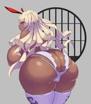  amamiya_(abaros) ass bare_shoulders bent_over blonde_hair blush breasts cameltoe curvy dark_skin from_behind grey_background highres huge_ass huge_breasts itou_ittousai_(sengoku_bushouki_muramasa) long_hair looking_at_viewer looking_back parted_lips plump purple_eyes sengoku_bushouki_muramasa simple_background skindentation solo sweat thick_thighs thighhighs thighs white_legwear wide_hips 