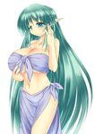  breasts embarrassed green_eyes green_hair havuwx huge_breasts pointy_ears rei_shabu swimsuit very_long_hair 