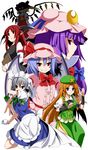  apron bat_wings blonde_hair blue_dress blue_eyes blue_hair book bow braid chinese_clothes crescent crescent_hair_ornament demon_girl demon_wings dress eichi_yuu fang flandre_scarlet gloves glowing glowing_eyes grin hair_ornament hair_ribbon hat hat_ribbon head_wings highres hong_meiling izayoi_sakuya koakuma light_brown_hair long_hair maid maid_headdress mob_cap multiple_girls patchouli_knowledge pink_dress pointy_ears puffy_short_sleeves puffy_sleeves purple_eyes purple_hair red_eyes red_hair remilia_scarlet ribbon shaded_face shirt short_sleeves siblings side_ponytail side_slit silver_hair sisters skirt skirt_set smile star touhou tress_ribbon twin_braids very_long_hair waist_apron white_gloves wings 