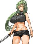  bike_shorts blush breasts green_hair large_breasts long_hair navel original sachito simple_background solo sumi-chan_(sachito) sweat sword weapon white_background yellow_eyes 