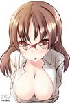  artist_name bad_id bad_pixiv_id blush breast_hold breasts brown_eyes brown_hair chiyoda_(kantai_collection) cleavage collared_shirt crossed_arms dated glasses grey_shirt kantai_collection large_breasts leaning_forward long_sleeves looking_at_viewer nekobaka open_clothes open_shirt over-rim_eyewear red-framed_eyewear semi-rimless_eyewear shirt signature simple_background solo tongue tongue_out upper_body white_background 