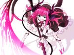  :d asymmetrical_horns blue_eyes boots claws detached_sleeves diamond_(shape) dress elizabeth_bathory_(fate) elizabeth_bathory_(fate)_(all) fang fate/extra fate/extra_ccc fate_(series) frills high_heel_boots high_heels holding horns long_hair nail_polish open_mouth pink_hair pink_nails polearm sarkany_csont_landzsa shinji_(metal-chan) smile solo spear tail v-shaped_eyebrows weapon 