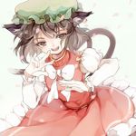  animal_ears blush bow bowtie brown_eyes brown_hair cat_ears cat_tail chen earrings hat jewelry juliet_sleeves long_sleeves mob_cap multiple_tails nekomata open_mouth petals puffy_sleeves shirt short_hair skirt skirt_set smile solo sumirou-kun tail touhou w white_shirt wind 