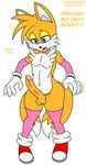  2015 anthro balls canine clothed clothing english_text erection exwolf85 fox habbodude male mammal miles_prower penis sega skimpy solo sonic_(series) text 