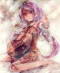  bad_id bad_twitter_id beamed_eighth_notes biwa_lute dress eighth_note flower hair_flower hair_ornament instrument long_hair lute_(instrument) musical_note purple_eyes purple_hair quarter_note sitting sketch skura01 solo staff_(music) touhou tsukumo_benben twintails wariza 