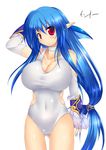  blue_hair breasts havuwx huge_breasts one-piece_swimsuit pointy_ears red_eyes rei_shabu very_long_hair 