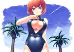  breasts front_zipper_swimsuit haruo_(hs-att) large_breasts looking_at_viewer meme_attire one-piece_swimsuit original palm_tree purple_eyes red_hair short_hair smile solo swimsuit tree zipper 