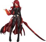  black_legwear bodysuit breasts contrapposto corset covering_mouth dark_knight_(elsword) elesis_(elsword) elsword full_body highres long_hair looking_at_viewer official_art red_eyes red_hair ress scarf small_breasts solo standing sword transparent_background weapon 