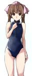  blue_swimsuit breast_conscious brown_eyes brown_hair flat_chest front_zipper_swimsuit hair_ribbon hand_on_own_chest hat himekaidou_hatate kamukamu_(ars) long_hair looking_at_viewer meme_attire one-piece_swimsuit ribbon solo swimsuit tokin_hat touhou twintails 