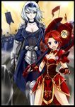  2girls armor axe blue_eyes frown multiple_girls nam_(valckiry) open_mouth red_hair silver_hair weapon 