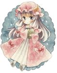  :&lt; bonnet book bow dress kagome_f long_hair looking_at_viewer patchouli_knowledge solo star touhou traditional_media watercolor_(medium) 