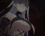  1girl breasts female highres large_breasts long_hair naruse_maria purple_eyes screencap shinmai_maou_no_testament solo standing stitched underboob 