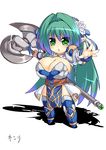  armor axe breasts bursting_breasts chibi green_eyes green_hair havuwx huge_breasts pointy_ears rei_shabu weapon 