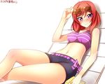  blush bow breasts dated eyewear_on_head highres looking_at_viewer love_live! love_live!_school_idol_project medium_breasts midriff navel nishikino_maki purple_eyes red_hair short_hair simple_background sitting smile solo sunglasses thighs yu-ta 