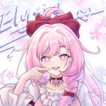  1girl braid breasts character_name chinese_commentary commentary_request dated_commentary diamond-shaped_pupils diamond_(shape) dress elf elysia_(herrscher_of_human:_ego)_(honkai_impact) elysia_(honkai_impact) hair_ribbon highres honkai_(series) honkai_impact_3rd large_breasts long_hair looking_at_viewer official_alternate_costume open_mouth pink_dress pink_hair pointy_ears purple_eyes red_ribbon ribbon single_braid smile solo symbol-shaped_pupils upper_body very_long_hair xi_ningya 