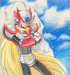  1boy armor blonde_hair chest_jewel cowboy_shot crossed_legs forehead_jewel helmet highres hijiriiyaa male_focus mega_man_(series) mega_man_x_(series) red_armor red_helmet solo traditional_media zero_(mega_man) 