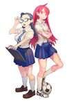  adjusting_eyewear ahoge bad_id bad_pixiv_id ball blue_eyes blue_hair braid clipboard crossed_arms glasses hands highres legs long_hair multiple_girls radical_elements red_eyes red_hair ryman simple_background skirt soccer_ball telstar 