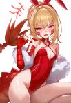  0nineo9 1girl absurdres ahoge anger_vein animal_ears bare_shoulders blonde_hair blush braid breasts covered_navel detached_collar dragon_tail elbow_gloves facial_mark fake_animal_ears fate/grand_order fate_(series) fur_shawl gloves hair_bun hair_intakes hair_ribbon highleg highleg_leotard highres leotard looking_at_viewer medium_hair nero_claudius_(fate) open_mouth playboy_bunny pointy_ears queen_draco_(fate) rabbit_ears red_eyes red_leotard red_ribbon ribbon scales shawl single_elbow_glove small_breasts solo tail white_gloves 