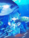  1girl :o \||/ afk_0831 against_glass aquarium blue_eyes blue_hair blue_necktie blue_shirt blue_theme butterflyfish commentary_request coral double-parted_bangs eel expressionless faux_traditional_media fish hair_between_eyes hair_ornament hand_on_glass hands_up hatsune_miku highres long_hair looking_at_viewer motion_blur necktie no_nose no_pupils parted_lips shirt solo_focus standing straight-on twintails upper_body very_long_hair vocaloid 