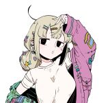  1girl absurdres araga_kiwi black_eyes blonde_hair commentary_request hair_ornament hairclip highres jacket looking_at_viewer mahou_shoujo_ni_akogarete multiple_hairclips ononaka_akihiro pink_jacket shirt star_(symbol) star_hair_ornament sticker sticker_on_face too_many_hair_ornaments white_background white_shirt 