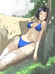  ahoge bad_id bad_pixiv_id bikini blue_hair breasts closed_eyes hammock idolmaster idolmaster_(classic) idolmaster_2 legs long_legs medium_breasts miura_azusa plant pomp saliva short_hair sleeping solo swimsuit thighs 