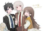  1girl 2boys :d akinashi_haru black_hair black_suit blue_eyes blue_necktie blush brother_and_sister brown_cardigan brown_hair cardigan clinging closed_eyes closed_mouth collared_shirt commentary_request diagonal-striped_clothes diagonal-striped_necktie dress dress_shirt flower highres holding holding_flower jacket kaminai404 lapels long_hair multiple_boys necktie open_mouth pants red_eyes red_necktie saihate_eki shirt siblings smile striped_clothes striped_necktie suit suit_jacket sweater_vest tatsunami_shion tenjiku_aoi white_hair white_shirt 