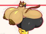 absurd_res anthro areola big_breasts big_butt breasts brown_areola brown_hair brown_nipples butt domestic_cat english_text exclamation_point eyewear eyewear_on_head felid feline felis female gameoverse glitch_productions goggles goggles_on_head hair hi_res huge_breasts huge_butt huge_hips huge_thighs hyper hyper_breasts hyper_butt hyper_hips hyper_thighs kit_(gameoverse) mammal nipples onomatopoeia red_eyes smile solo sound_effects stemingbunbun tan_body text thick_thighs tongue tongue_out wide_hips