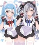  2girls :3 animal_ears apron black_dress black_headdress blue_eyes blue_hair blue_nails blush cat_ears cat_girl cat_tail closed_mouth dress grey_eyes grey_hair hair_ornament hairpin highres hololive hololive_indonesia kobo_kanaeru long_hair looking_at_viewer lucien_000298 maid maid_apron maid_headdress multicolored_hair multiple_girls nail_polish paw_pose paw_print paw_print_background pink_nails smile tail thighhighs two-tone_hair very_long_hair vestia_zeta virtual_youtuber white_apron white_hair white_headdress white_thighhighs zettai_ryouiki 