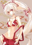  alternate_costume bikini_top bow breasts cigarette cleavage fujiwara_no_mokou hair_bow hair_ribbon kuronuko_neero long_hair medium_breasts midriff oekaki ofuda pants red_eyes ribbon silver_hair sketch smoking solo strap_slip suspenders touhou 