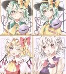  3girls :d ;d ascot black_hat blonde_hair blush bow bowtie braid buttons collared_shirt commentary_request crystal crystal_wings diamond_button disembodied_linked_eye dress eyeball feathered_wings flandre_scarlet frilled_shirt_collar frills furawast green_eyes green_hair grey_hair grey_wings half_up_braid hat hat_bow heart heart_of_string jacket kishin_sagume komeiji_koishi long_hair mob_cap multicolored_wings multiple_girls one_eye_closed one_side_up open_clothes open_jacket purple_dress red_bow red_bowtie red_eyes red_vest shikishi shirt single_wing smile touhou traditional_media vest white_hat white_shirt wings yellow_ascot yellow_bow yellow_shirt 