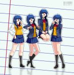  1girl adjusting_eyewear arm_behind_back black_socks blazer blue_eyes blue_skirt blush borrowed_design bow bowtie braid ciel_(tsukihime) coke-bottle_glasses commentary english_commentary full_body glasses jacket jimiko long_hair long_sleeves looking_down low_twin_braids melty_blood melty_blood:_type_lumina multiple_views open_mouth outline paper_background pixel_art pleated_skirt red_bow red_bowtie reflective_floor school_uniform seiza shotaalter sitting skirt socks standing sweater_vest tsukihime tsukihime_(remake) twin_braids twitter_username wing_collar 