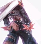  1other arumia black_jacket blaziken blaziken_(punk) blue_eyes body_fur claws commentary_request cowboy_shot cropped_jacket from_behind furry hands_on_own_hips highres jacket leather leather_jacket looking_at_viewer looking_back pokemon pokemon_(creature) pokemon_unite red_fur solo standing tail wallet_chain 