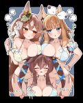  3girls :t absurdres almond_eye_(umamusume) animal_ears asymmetrical_docking bikini bow_hairband braid braided_sidelocks breast_press breasts brown_hair cleavage colored_inner_hair ear_ornament ear_ribbon eye_contact gingham_bikini gingham_clothes green_background hairband halterneck highres horse_ears horse_girl horse_tail large_breasts lightning_glare long_hair looking_at_another multicolored_hair multiple_girls ponta_(1859ysmssstsp) satono_diamond_(umamusume) side-tie_bikini_bottom sidelocks stare_down swimsuit symbol-shaped_pupils tail thighs umamusume vivlos_(umamusume) white_bikini white_hairband x-shaped_pupils 