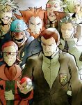  1girl 6+boys archie_(pokemon) bandana beard black_hair black_jacket blonde_hair blue_bandana brown_hair chain chain_necklace clenched_teeth closed_eyes closed_mouth cyrus_(pokemon) eyewear_on_head facial_hair frown ghetsis_(pokemon) giovanni_(pokemon) goggles goggles_on_head green_eyes green_hair grey_hair guzma_(pokemon) hair_over_one_eye highres holding holding_poke_ball jacket jewelry kusaki0117 looking_at_viewer lusamine_(pokemon) lysandre_(pokemon) male_focus maxie_(pokemon) meme multiple_boys mustache necklace open_mouth orange_hair poke_ball poke_ball_(basic) pokemon pokemon_black_2_and_white_2 pokemon_diamond/pearl/platinum pokemon_red/green/blue/yellow pokemon_ruby/sapphire/emerald pokemon_sun_and_moon pokemon_x_and_y popped_collar red_hair scouter shirt short_hair smile spiked_hair sunglasses team_rocket team_skull teeth viltrumite_group_shot_(meme) white_shirt yellow-framed_eyewear 
