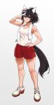  1girl absurdres airisubaka animal_ears black_hair blue_eyes closed_mouth commentary double-parted_bangs ear_covers full_body gradient_background grey_background hair_between_eyes hand_on_own_hip highres horse_ears horse_girl horse_tail katsuragi_ace_(umamusume) looking_at_viewer multicolored_hair red_shorts shoes short_hair shorts signature smile sneakers solo standing streaked_hair sweat tail towel towel_around_neck umamusume v-shaped_eyebrows white_background white_shoes white_streaks 