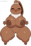  anthro areola big_breasts blush blushcrunch_studio breasts brown_areola brown_body brown_fur brown_nipples cocoa_(dandy's_world) crispynecro dandy's_world eyes_closed female female_anthro fur genitals hi_res huge_breasts huge_thighs lagomorph leporid mammal neck_tuft nipples rabbit smile solo thick_thighs tuft vulva 