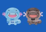  artist_name blue_background blue_bow blue_bowtie bow bowtie brown_bow brown_bowtie character_hat commentary_request happy looking_at_viewer no_humans open_mouth paldean_wooper pixel_art pokemon pokemon_(creature) pokemon_focus rizu_(rizunm) simple_background wooper 
