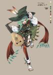  1girl :d asymmetrical_legwear black_ribbon black_thighhighs braid brown_background brown_scarf cape character_profile clothing_cutout color_guide commission feathers full_body gem green_cape green_hair green_hat green_shorts hair_ribbon hand_up hat hat_feather head_tilt high_collar highres holding holding_instrument holding_lute instrument jewelry leg_up long_hair long_sleeves looking_at_viewer lute_(instrument) neck_ribbon open-toe_shoes open_mouth original puffy_long_sleeves puffy_sleeves red_thighhighs ribbon sakuma_gin_maru_sakuma scarf shirt shoes shorts side_braid signature simple_background single_braid skeb_commission smile solo standing standing_on_one_leg striped_clothes striped_thighhighs swept_bangs thigh_cutout thighhighs toeless_legwear tsurime vertical-striped_clothes vertical-striped_thighhighs white_shirt white_shoes witch_hat yellow_eyes 